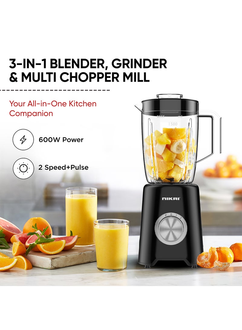 NIKAI 3-in-1 Blender with 3 Jars, 1.5 Ltr Liquid Jar, 1 Coffee Grinder  1 Meat Mincer 2 Speeds, Stainless Blades, Unbreakable Jar, Perfect for Dry & Wet Fine Grinding, Mixing & Juicing 1.5 L 600 W NB2900NA1 Black - Image 3