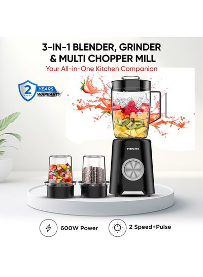 NIKAI 3-in-1 Blender with 3 Jars, 1.5 Ltr Liquid Jar, 1 Coffee Grinder 1 Meat Mincer 2 Speeds, Stainless Blades, Unbreakable Jar, Perfect for Dry & Wet Fine Grinding, Mixing & Juicing 1.5 L 600 W NB2900NA1 Black