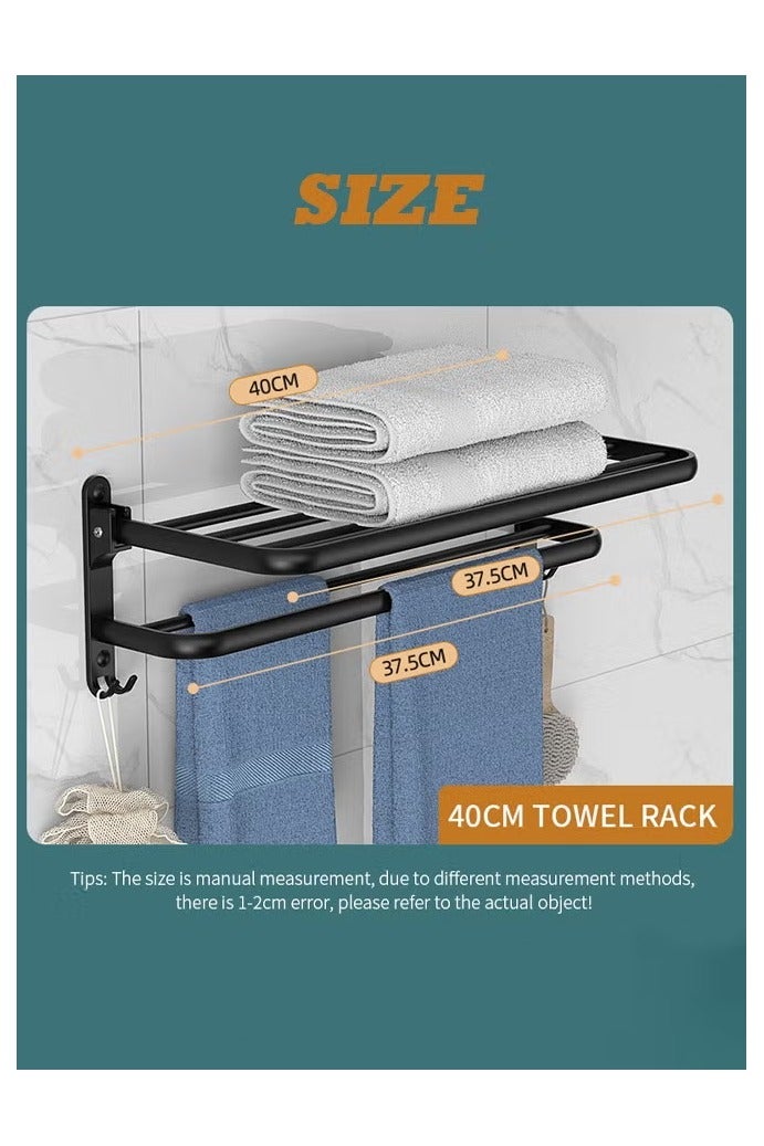 هالامين 40 سم شماعات مناشف، قابلة للطي، مثبتة على الحائط، تشمل 2 خطافات مناشف، ملحق قضيب مناشف، بدون ثقوب، تثبيت بالثقوب، للحمامات، غرف الغسيل، المطابخ، موفرة للمساحة، الحمامات، أحواض الغسيل، قوية - Image 2