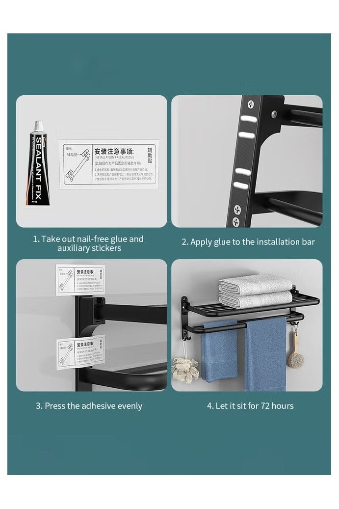 هالامين 40 سم شماعات مناشف، قابلة للطي، مثبتة على الحائط، تشمل 2 خطافات مناشف، ملحق قضيب مناشف، بدون ثقوب، تثبيت بالثقوب، للحمامات، غرف الغسيل، المطابخ، موفرة للمساحة، الحمامات، أحواض الغسيل، قوية - Image 4