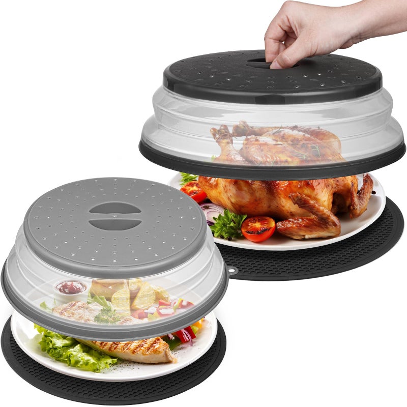 MAGJIUKE 1210 Microwave food Cover and MatLarge Vented Collapsible Splatter Guard dish Plate lid  Silicone Round Kitchen mat4 in 1