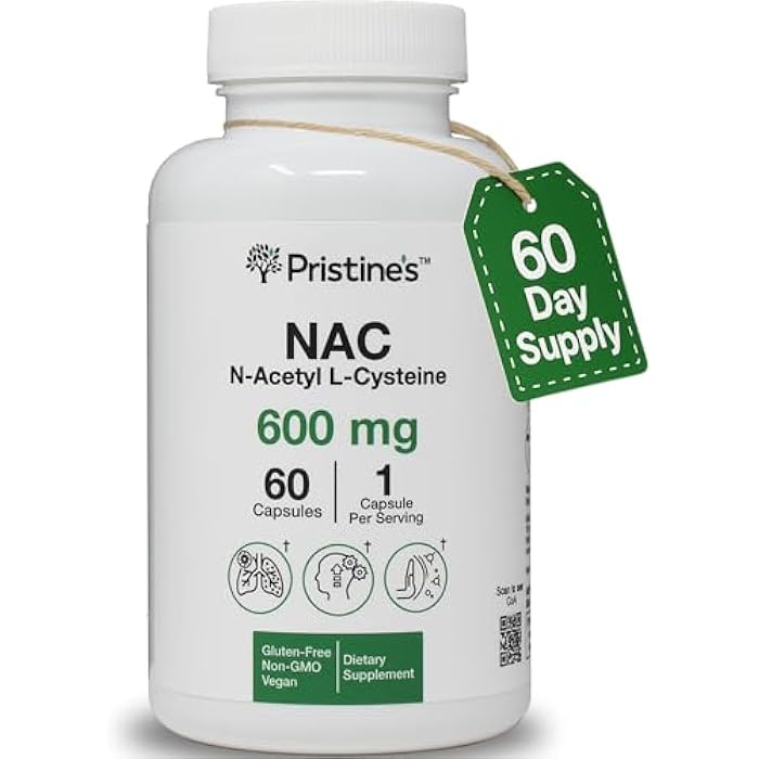 PRISTINE'S N-Acetyl L-Cysteine (NAC) Immunity, Lung, & Liver Support Supplement Capsules - 600MG 60 Day Supply - Potent Antioxidant - Vegan, Gluten Free, Non GMO - Image 1