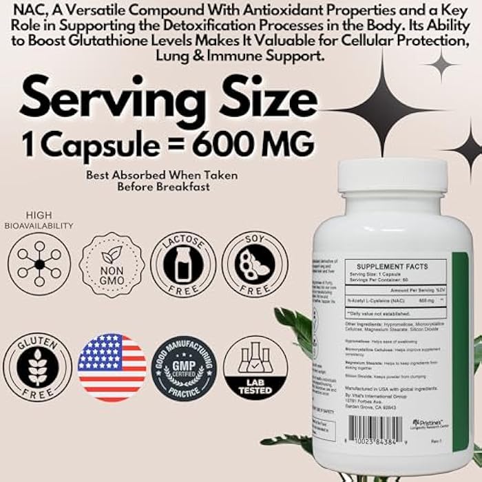 PRISTINE'S N-Acetyl L-Cysteine (NAC) Immunity, Lung, & Liver Support Supplement Capsules - 600MG 60 Day Supply - Potent Antioxidant - Vegan, Gluten Free, Non GMO - Image 4