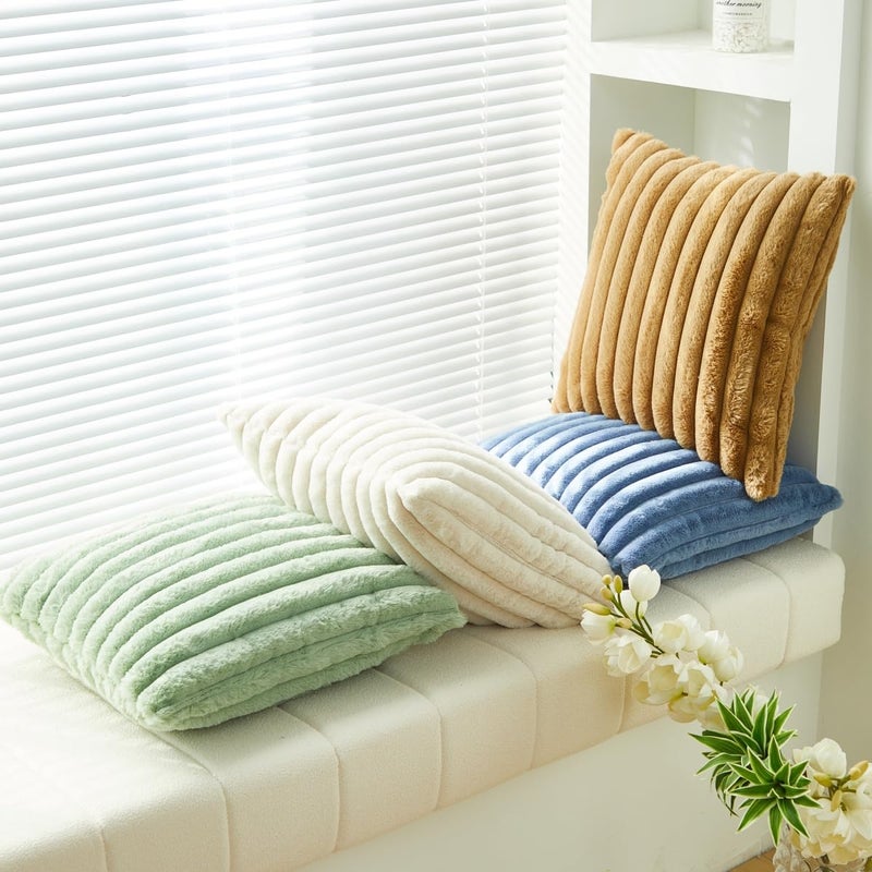 Sunday Praise Pack of 2,Double-Sided Faux Fur Plush Decorative Throw Pillow Covers 18x18 Inch Soft Fluffy Striped Couch Pillow Cases for Sofa Bed Home DÃ©cor Khaki - Image 3