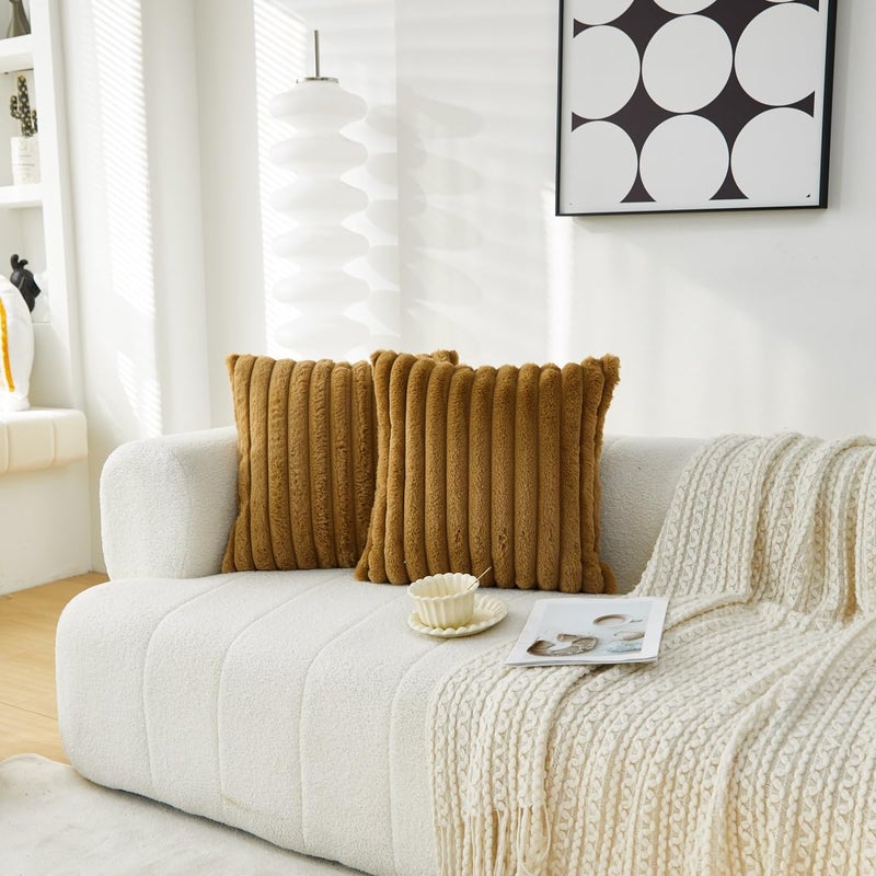 Sunday Praise Pack of 2,Double-Sided Faux Fur Plush Decorative Throw Pillow Covers 18x18 Inch Soft Fluffy Striped Couch Pillow Cases for Sofa Bed Home DÃ©cor Khaki - Image 2