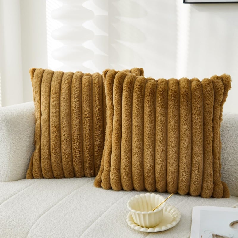 Sunday Praise Pack of 2,Double-Sided Faux Fur Plush Decorative Throw Pillow Covers 18x18 Inch Soft Fluffy Striped Couch Pillow Cases for Sofa Bed Home DÃ©cor Khaki - Image 1