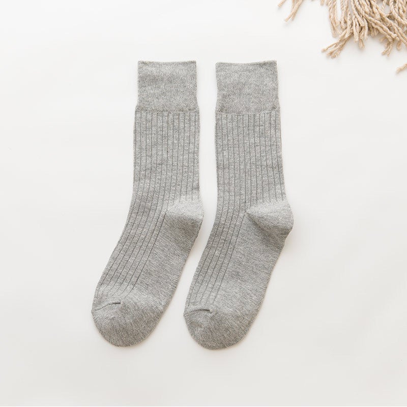 Vintage Pure Color Stripe Cotton Mid-Calf Socks Light gray