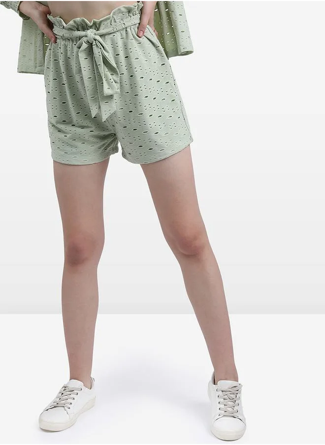 كيتش Schiffli High Rise Tie Up Waist Shorts by Styli