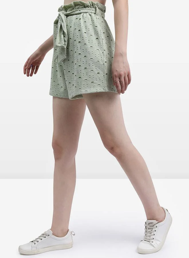 Ketch Schiffli High Rise Tie Up Waist Shorts by Styli