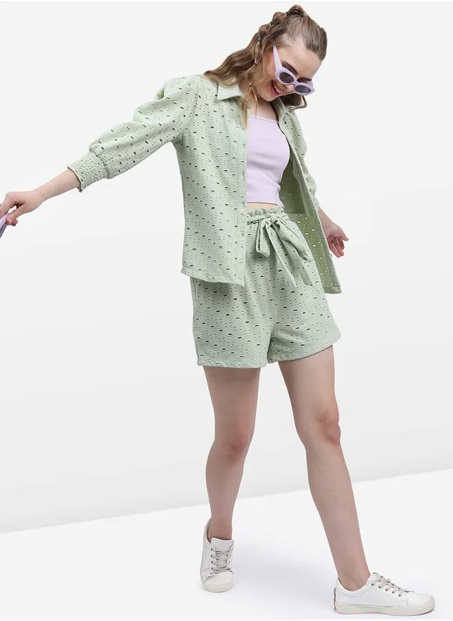 كيتش Schiffli High Rise Tie Up Waist Shorts by Styli