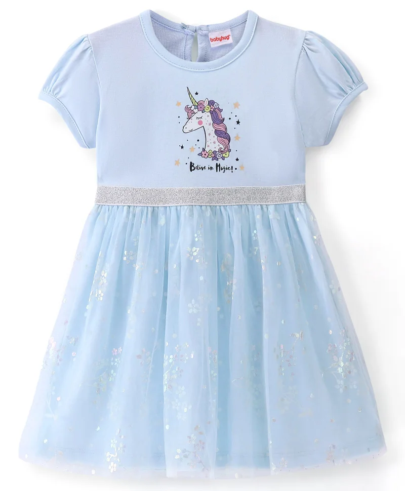 babyhug Babyhug Knitted Half Sleeves Frock Unicorn Print - Blue