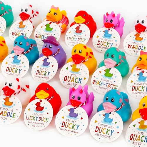 DAZONGE 24Packs Lucky Duck Valentines Cards for Kids, Multi-colored Valentine's Day Gift Tags with Rubber Ducks, Valentine’s Day Cards for Kids School Exchange Activity - Image 1