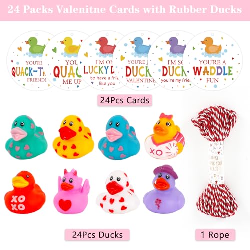 DAZONGE 24Packs Lucky Duck Valentines Cards for Kids, Multi-colored Valentine's Day Gift Tags with Rubber Ducks, Valentine’s Day Cards for Kids School Exchange Activity - Image 3