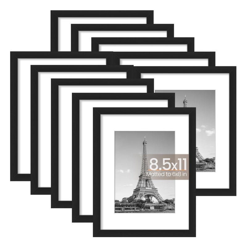 upsimples 85x11 Picture Frame Set of 10 Display Pictures 6x8 with Mat or 85x11 Without Multi Photo Frames Collage for Wall or Tabletop Display Black