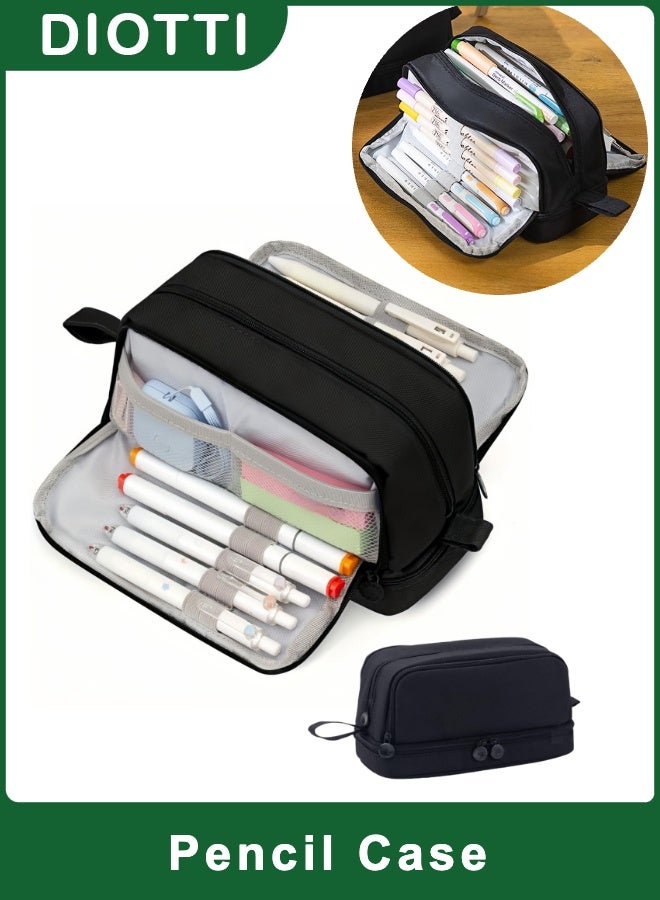 DIOTTI Large Capacity Pencil Case 4 Compartments Pencil Pouch with Zipper Portable Handle Pen Organizer for School Office College Travel Black (22*9.5*10 CM) - Image 1