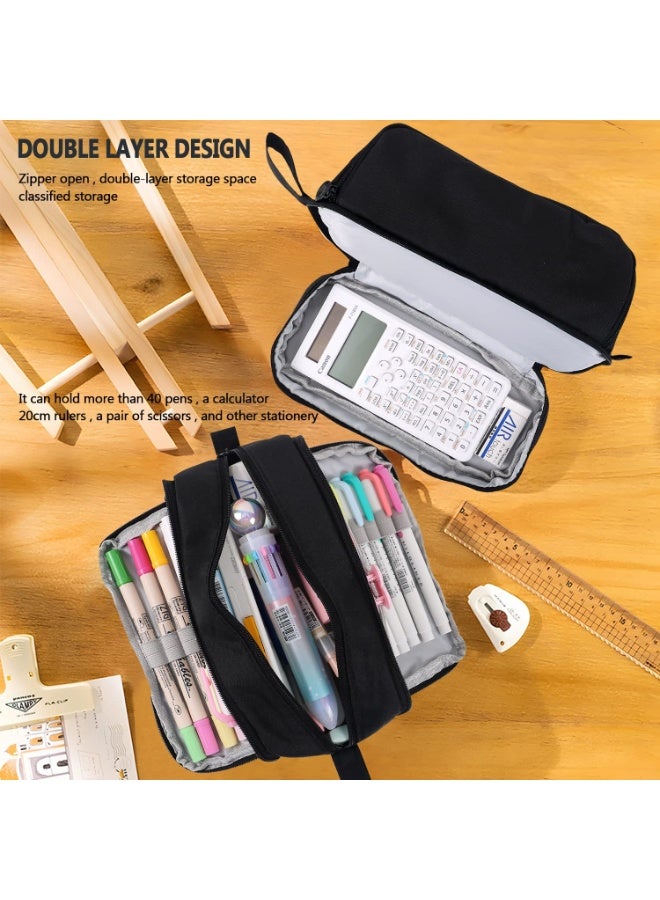 DIOTTI Large Capacity Pencil Case 4 Compartments Pencil Pouch with Zipper Portable Handle Pen Organizer for School Office College Travel Black (22*9.5*10 CM) - Image 2