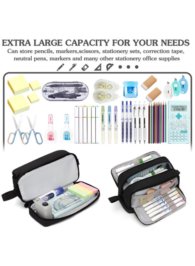 DIOTTI Large Capacity Pencil Case 4 Compartments Pencil Pouch with Zipper Portable Handle Pen Organizer for School Office College Travel Black (22*9.5*10 CM) - Image 3