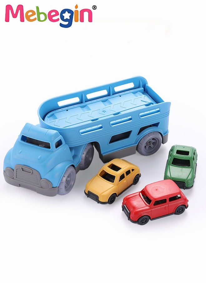 MEBEGIN Blue Double Deck Carrier Truck with 3 Cars Toy Set Children's Car with Slide Simulated Carrying Toy for Boys and Girls Gifts  - Image 1