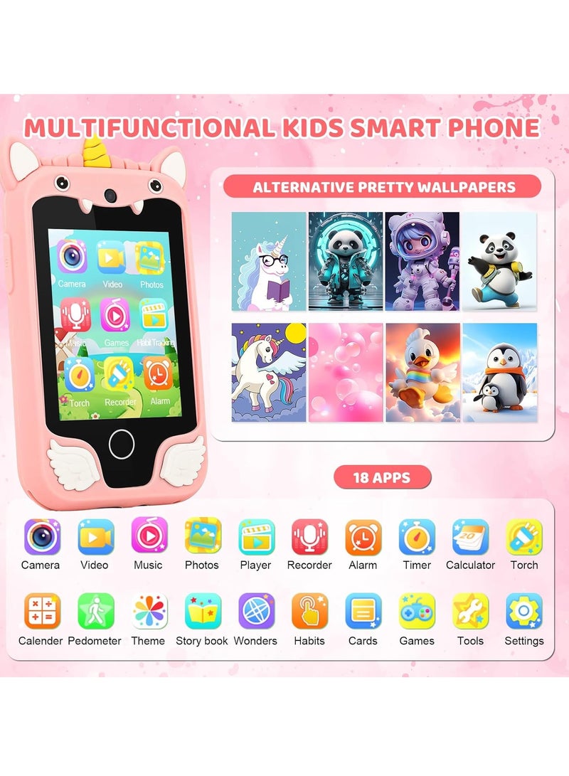 إيفرين هاتف ذكي للأطفال للبنات، هاتف ألعاب براق مزود بكاميرتين، مشغل موسيقى، هاتف محمول للأطفال لتعليم ولعب الأطفال من 3 إلى 12 عامًا، هدية عيد الميلاد أو عيد الميلاد مع بطاقة 8G (وردي) - Image 2
