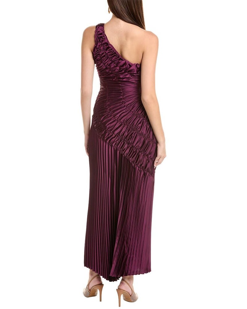 Taylor Women's Sleeveless One Shoulder Asymmetrical All Over Pleated Midi Gown, Plum - Image 2
