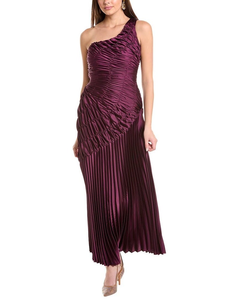 Taylor Women's Sleeveless One Shoulder Asymmetrical All Over Pleated Midi Gown, Plum - Image 1