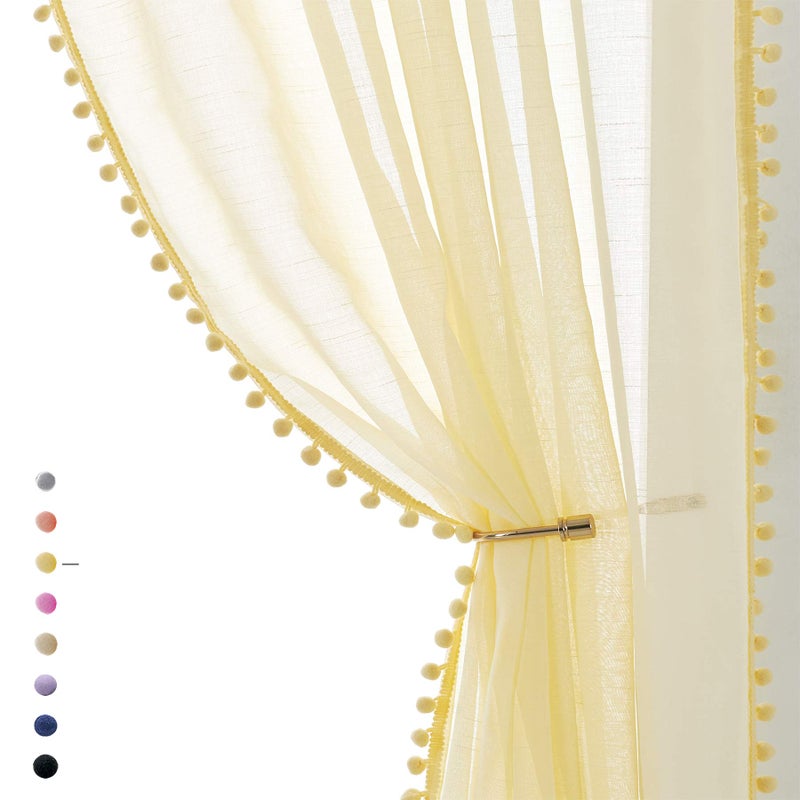 Treatmentex Yellow Sheer Curtains for Living Room 95"" Linen Texture Pom Pom Trimmed Voile Drapes for Children's Room 2 Panels - Image 5
