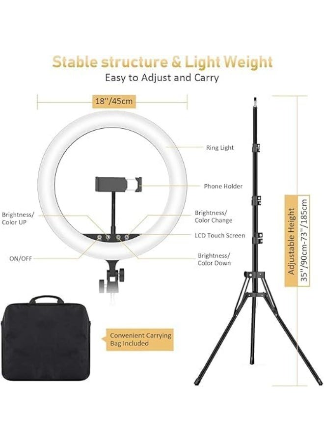 18-Inch LED Ring Light with Tripod Stand – Adjustable Brightness & Light Modes – Phone Holder for Makeup, Videos, Live Streaming, and Photography - Image 2