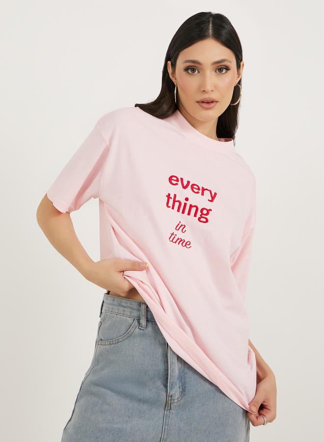Styli Embroidered Slogan Detail Round Neck Jersey T-Shirt  - Image 1