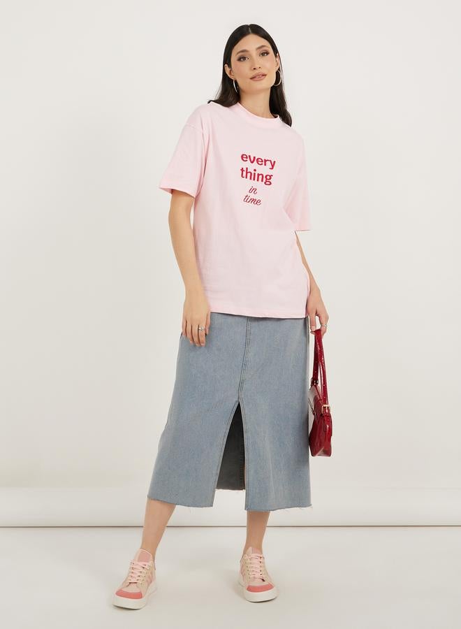 Styli Embroidered Slogan Detail Round Neck Jersey T-Shirt  - Image 2