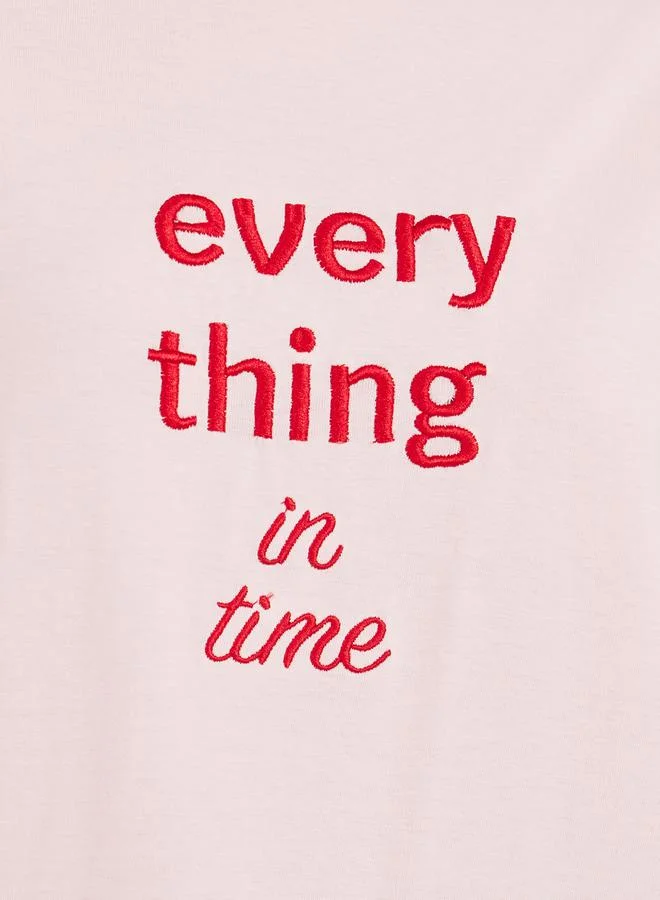 Styli Embroidered Slogan Detail Round Neck Jersey T-Shirt