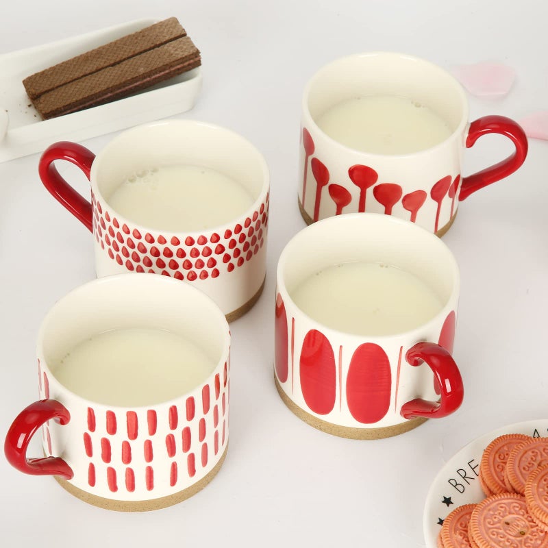 Koja Hand Painted 15 oz. Porcelain Ceramic Mugs Set. Service for 4. (Hand Painted - Red) - Image 4