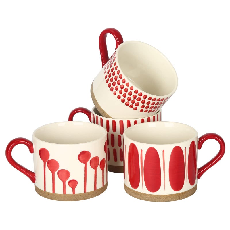 Koja Hand Painted 15 oz. Porcelain Ceramic Mugs Set. Service for 4. (Hand Painted - Red) - Image 1