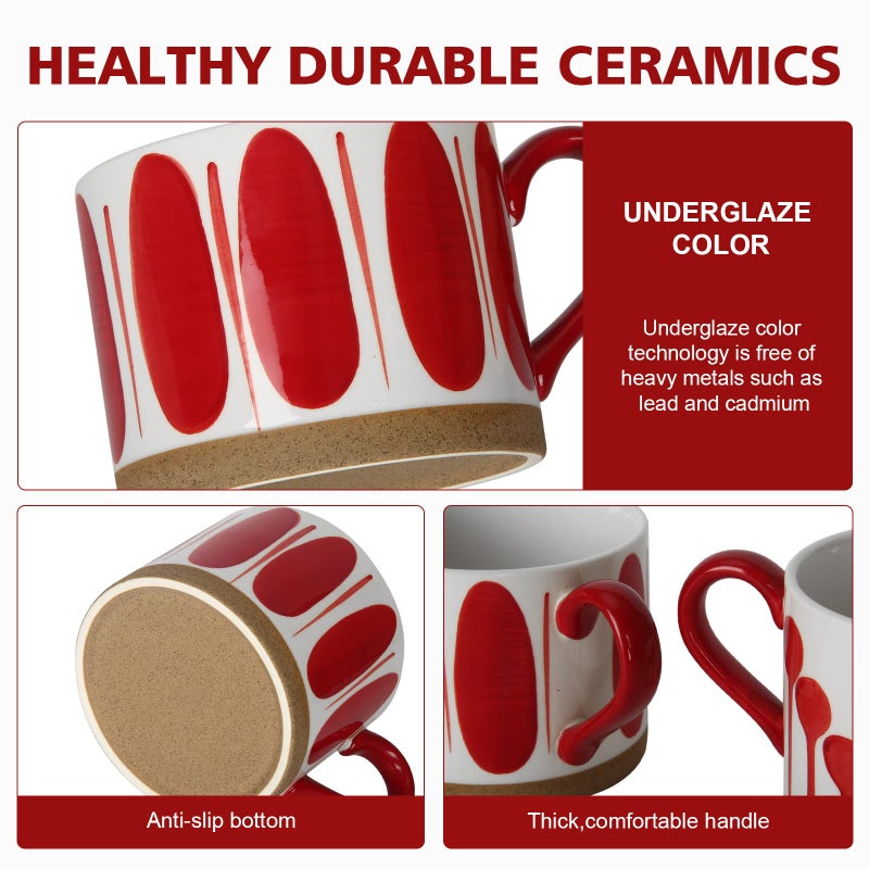 Koja Hand Painted 15 oz. Porcelain Ceramic Mugs Set. Service for 4. (Hand Painted - Red) - Image 3