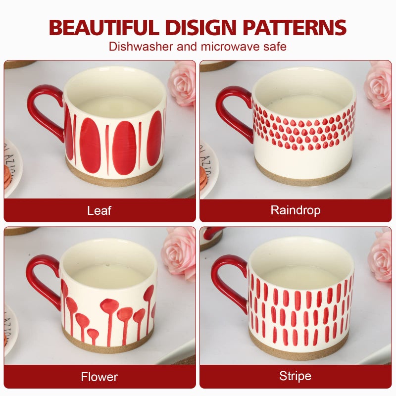 Koja Hand Painted 15 oz. Porcelain Ceramic Mugs Set. Service for 4. (Hand Painted - Red) - Image 5