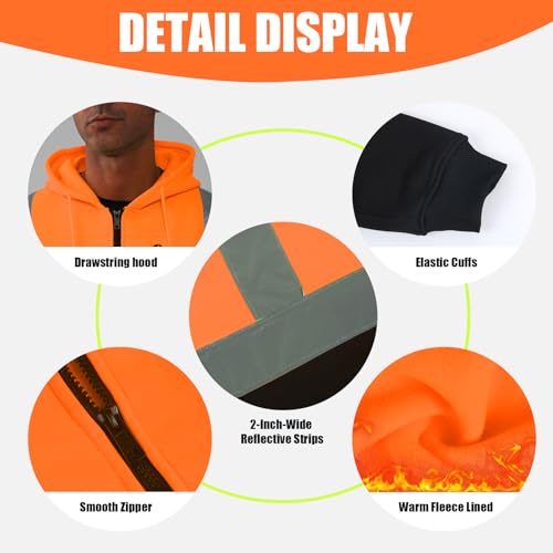 HYCOPROT High Visibility Safety Hoodie Hi Vis Safety Sweatshirts with Zipper Fleece Reflective Work Jacket with Black Bottom Winter Construction Hoodies Waterproof Rain Coat for Men Women ANSI Class 3 - Image 5