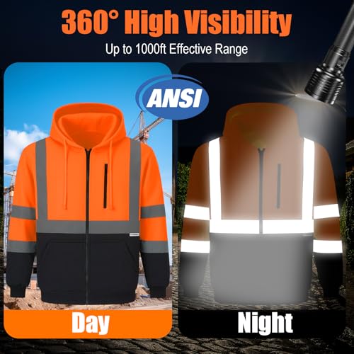 HYCOPROT High Visibility Safety Hoodie Hi Vis Safety Sweatshirts with Zipper Fleece Reflective Work Jacket with Black Bottom Winter Construction Hoodies Waterproof Rain Coat for Men Women ANSI Class 3 - Image 4