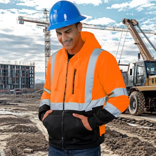 HYCOPROT High Visibility Safety Hoodie Hi Vis Safety Sweatshirts with Zipper Fleece Reflective Work Jacket with Black Bottom Winter Construction Hoodies Waterproof Rain Coat for Men Women ANSI Class 3 - Image 3