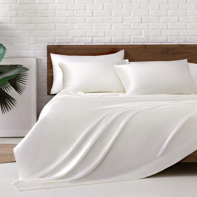 MRHM Satin Bed Sheets King Size Sheets Set 6 Pcs Silky Bedding Set with 15 Inches Deep Pocket for MattressKing Ivory