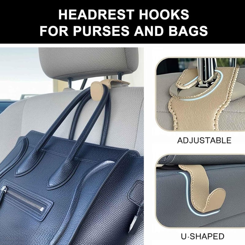 ELDHUS Car Seat Hooks for Purses and Bags - 2 Pack Beige Leather Headrest Hooks - Image 2
