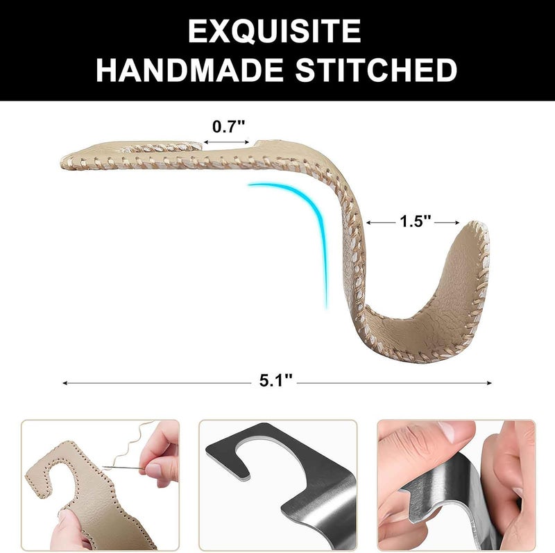 ELDHUS Car Seat Hooks for Purses and Bags - 2 Pack Beige Leather Headrest Hooks - Image 3