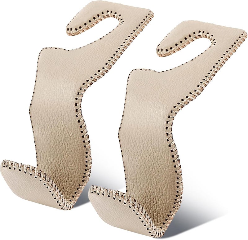 ELDHUS Car Seat Hooks for Purses and Bags - 2 Pack Beige Leather Headrest Hooks - Image 1