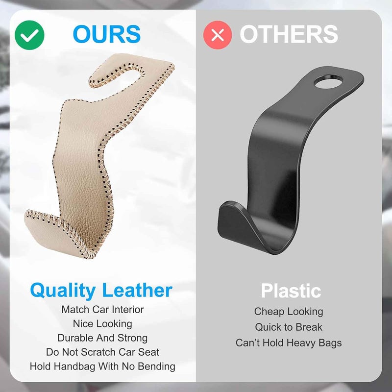 ELDHUS Car Seat Hooks for Purses and Bags - 2 Pack Beige Leather Headrest Hooks - Image 5