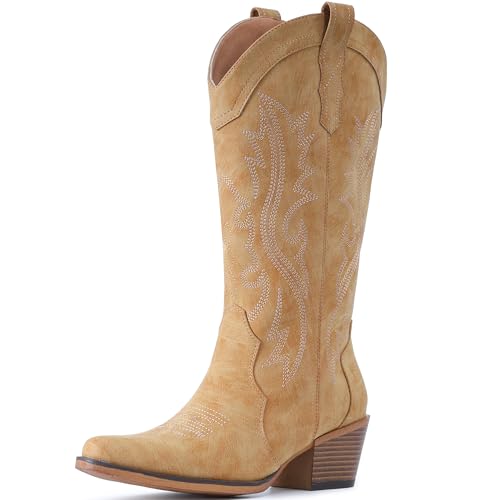 IUV Cowboy Boots For Women Western Cowgirl Boots with Chunky Heel Mid Calf Snip Toe Ideal for low insteps - Image 2