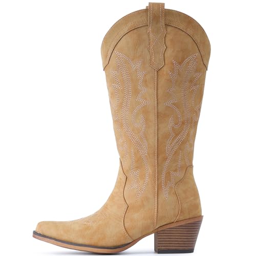 IUV Cowboy Boots For Women Western Cowgirl Boots with Chunky Heel Mid Calf Snip Toe Ideal for low insteps - Image 3