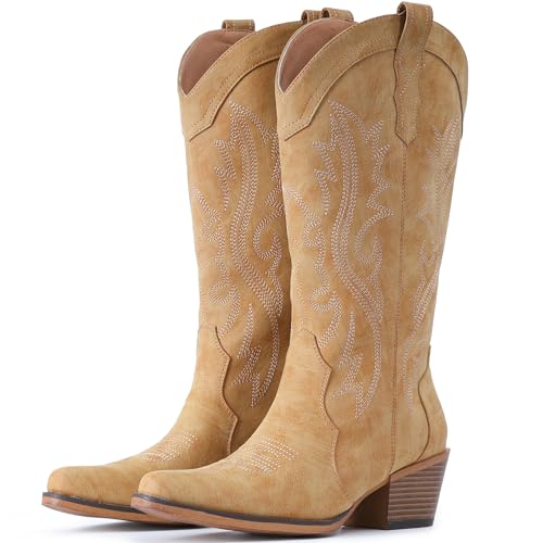 IUV Cowboy Boots For Women Western Cowgirl Boots with Chunky Heel Mid Calf Snip Toe Ideal for low insteps - Image 1