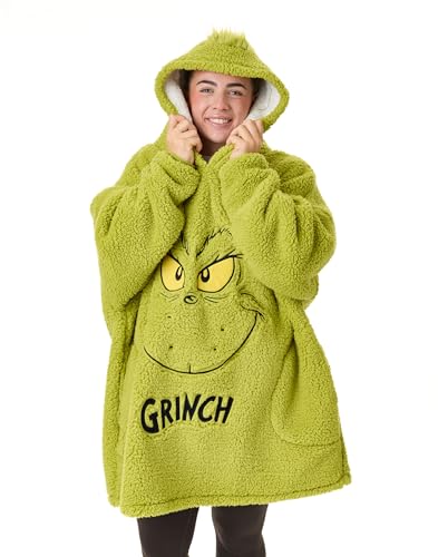 The Grinch Adults Oversized Wearable Blanket Options Green Sherpa Fluffy Fleece Embroidered and AOP Christmas Hoodie - Image 1