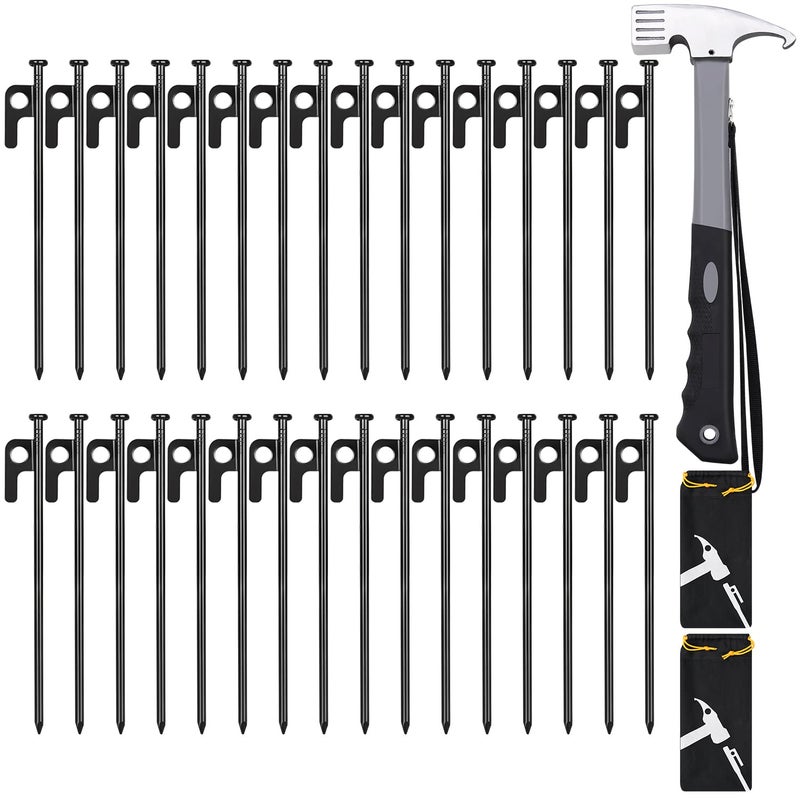 DkOvn مجموعة أوتاد ومطرقة خيمة، 32 قطعة من أوتاد الخيمة الفولاذية المطروقة شديدة التحمل بطول 8 بوصات + مطرقة تخييم شديدة التحمل بطول 12 بوصة + حقيبة تخزين، متوفرة في روكي بليس (32 قطعة من أوتاد بطول 8 بوصات + مطرقة) - Image 1