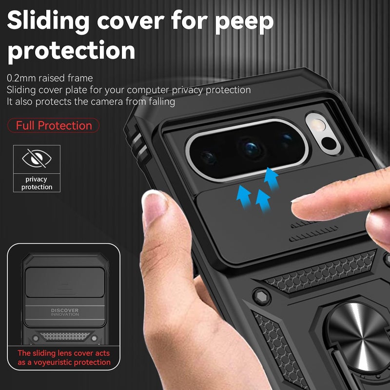 PUSHIMEI for Google Pixel 8 Pro Case with Slide Camera Cover HD Screen Protector [Military Grade 16ft. Drop Tested] Magnetic Ring Holder Kickstand Protective Phone Case for Google Pixel 8 Pro 2023, Black - Image 5