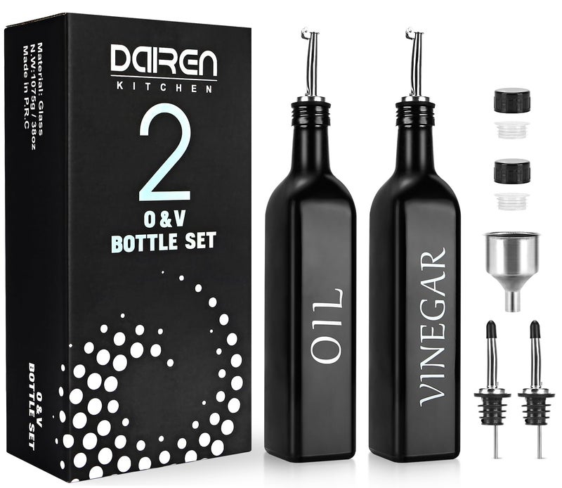 2 Pieces Oil and Vinegar Dispenser SetBlack  White Olive Oil Bottle Dispenser with Caddy Holder and Stainless Steel Spout17oz Cute Vintage Glass Cruet Set for Farmhouse KitchenBLACK