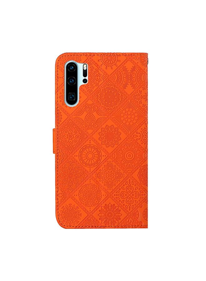 زبون جراب لهاتف Huawei P30 Pro، جراب جلدي أفقي قابل للطي بنمط عرقي منقوش مع حامل وفتحات للبطاقات ومحفظة وحبل - Image 3